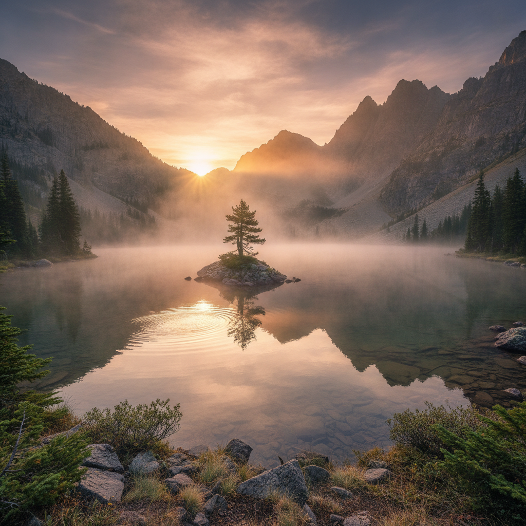 Photorealistic mountain lake landscape at sunrise generated with the keyboard-driven AI image tool
