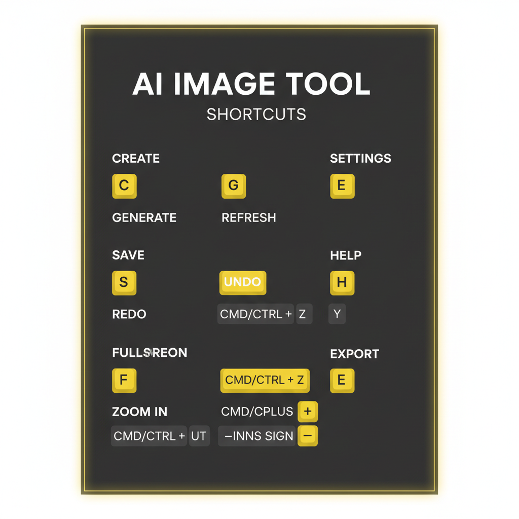 Minimalist keyboard shortcut cheat sheet poster for the keyboard-driven AI image tool with perfect text rendering
