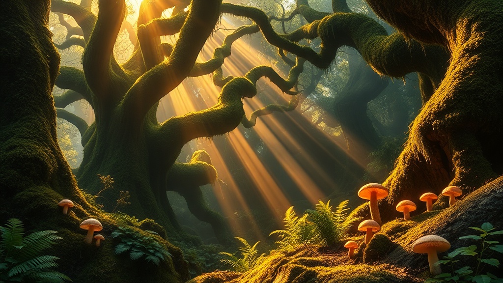 AI generated enchanted forest landscape with glowing light rays through trees