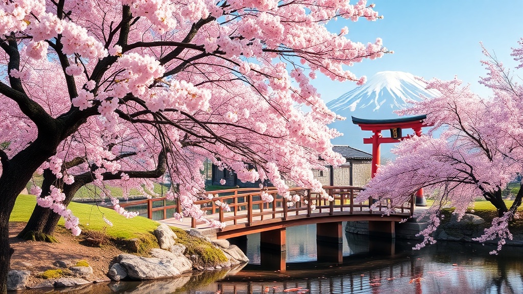 AI generated Japanese cherry blossom landscape with Mount Fuji