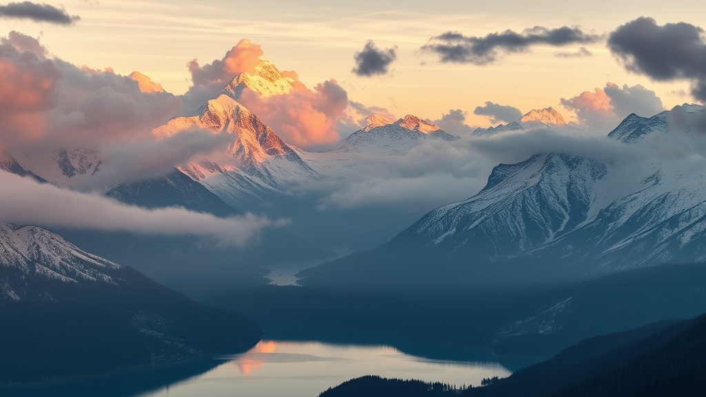 AI landscape image generator — snow mountain range at golden sunrise over a misty alpine lake