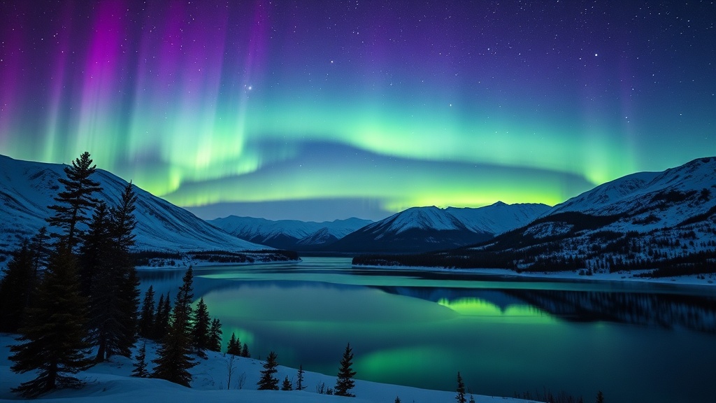 AI generated aurora borealis landscape over snowy arctic valley