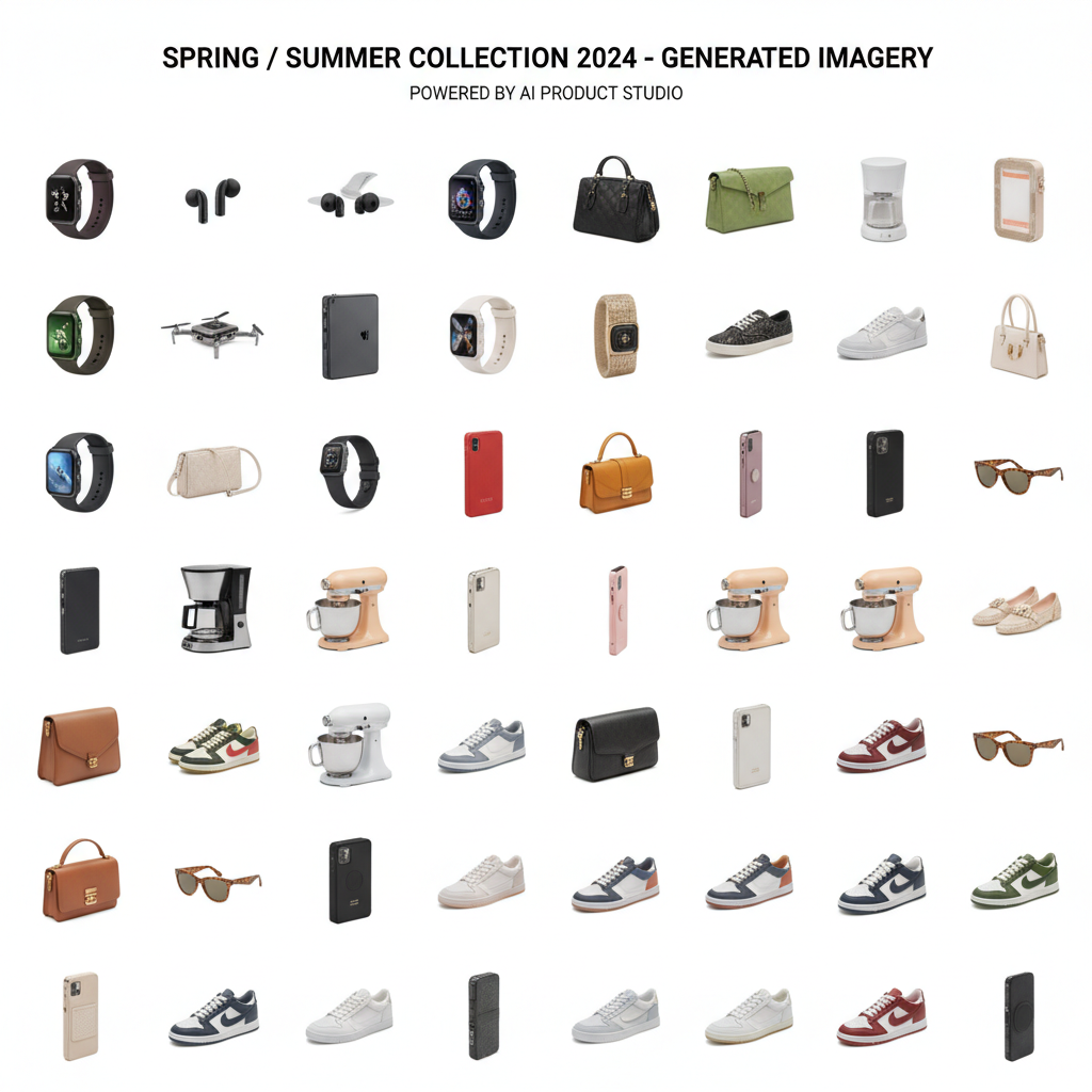 Bulk product catalog of dozens of consistent ecommerce photos created with large-scale image generation