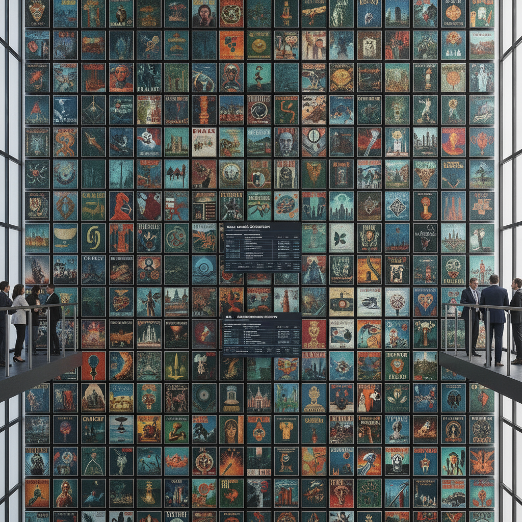 Publishing content library wall of diverse AI-generated illustrations from mass image creation