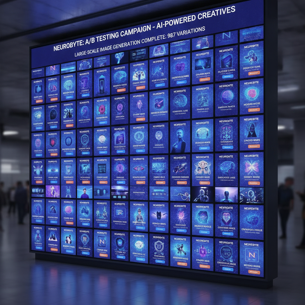 Advertising campaign board of many ad creative variations made with large-scale image generation