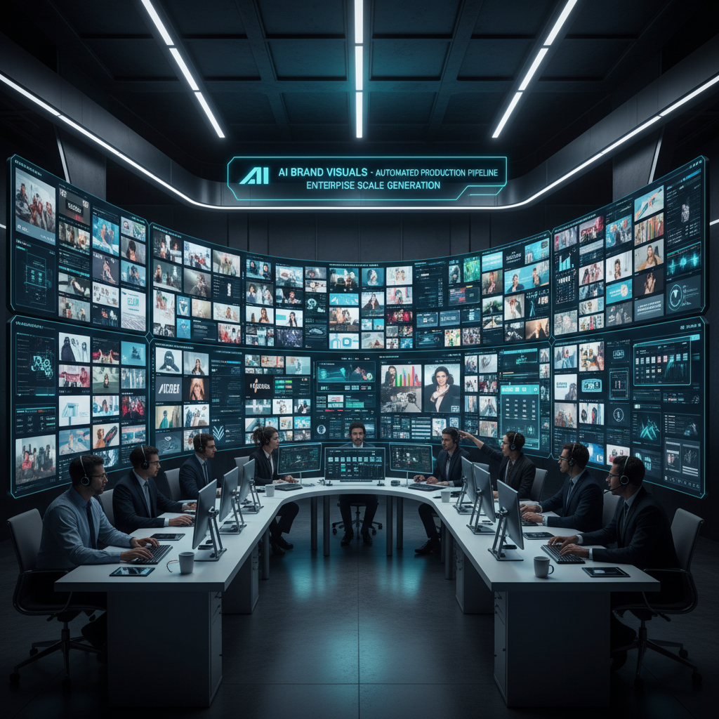 Creative operations team reviewing thousands of brand visuals from enterprise large-scale image generation