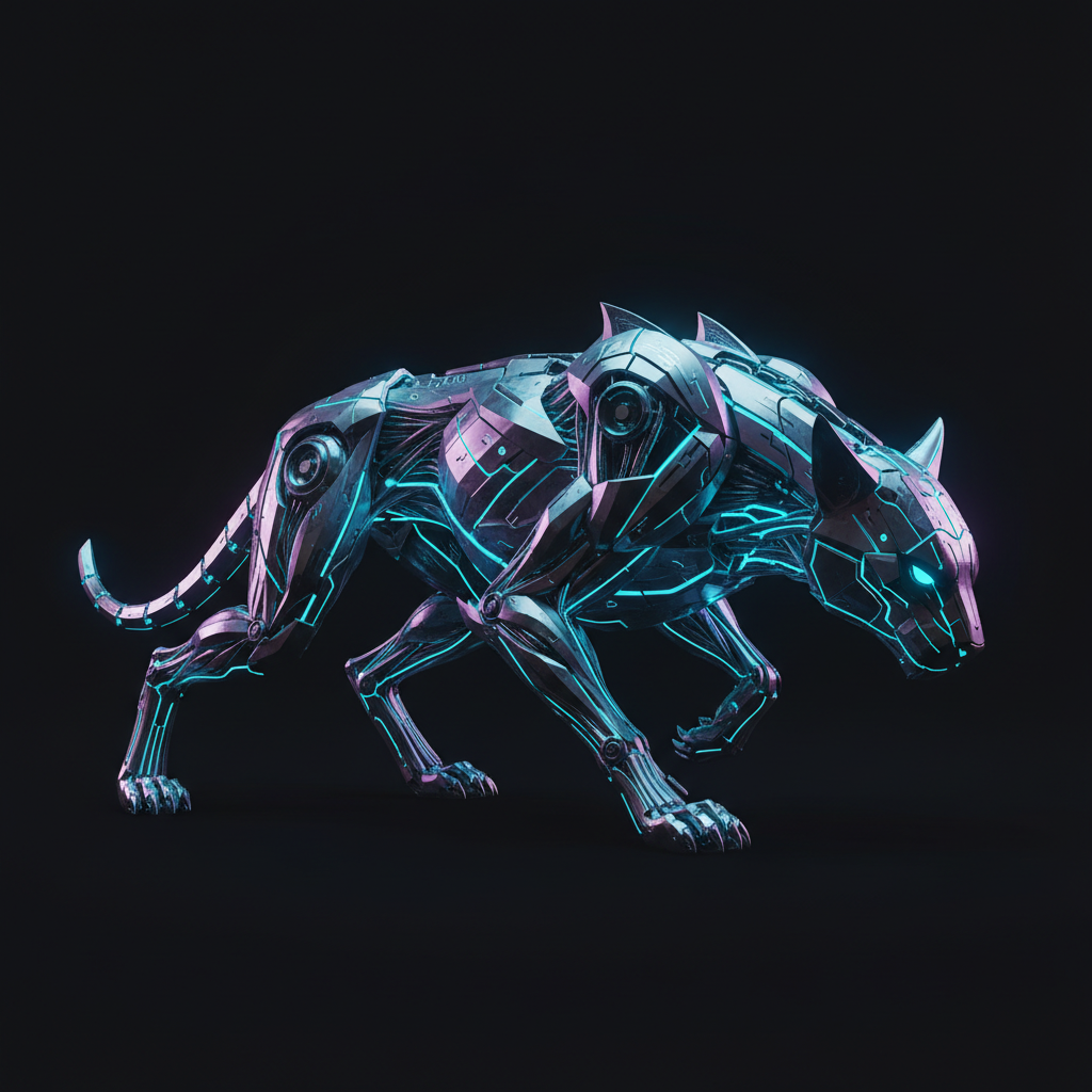 Lynxs10 AI image style portrait of a sleek bioluminescent feline-cyber predator with electric cyan markings glowing along its body, prowling silhouette against a deep matte-black void, hyper-detailed cyber-organic textures, sharp angular forms, iridescent chrome highlights, futuristic neon accent lighting