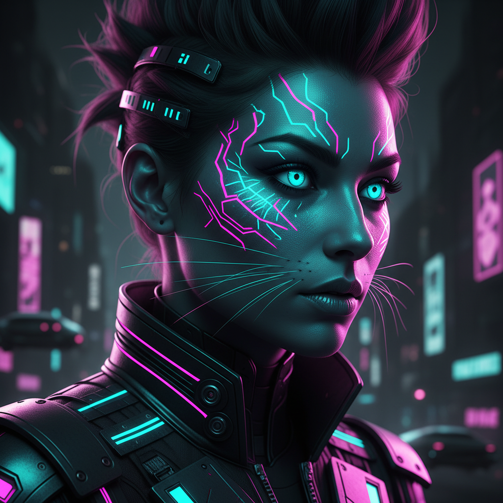 Lynxs10 AI image style human portrait with feline-inspired electric markings running across cheekbones, glowing piercing eyes, deep monochromatic charcoal palette accented with vivid neon teal and magenta glow, iridescent pearlescent skin texture, dramatic side lighting, cyberpunk fashion editorial composition