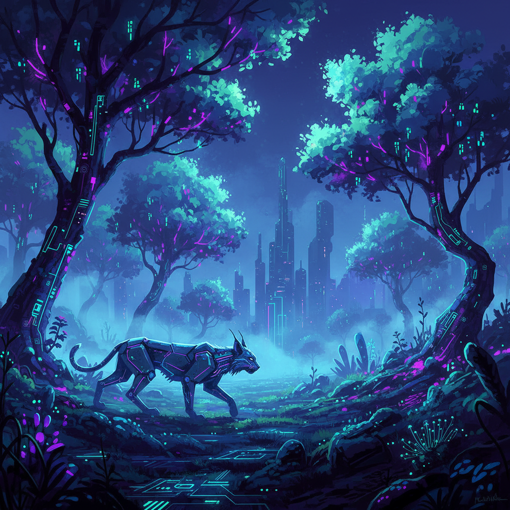 Lynxs10 AI image style cyber wilderness landscape with prowling silhouette of a chrome-cybernetic lynx beneath bioluminescent neon trees, deep indigo midnight sky, electric mint and violet glowing flora, mossy ground with embedded glowing circuitry patterns, atmospheric mist