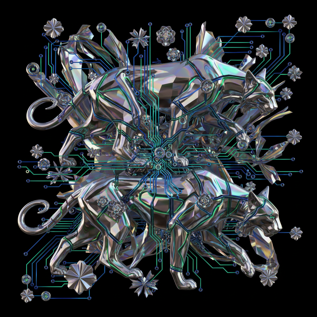 Lynxs10 AI image style iridescent abstract composition with flowing pearlescent feline-inspired fluid patterns, sharp prowling vector silhouettes embedded in chrome metallic ribbons, electric cobalt and emerald color pops against deep obsidian background, hyper-detailed cyber-organic forms