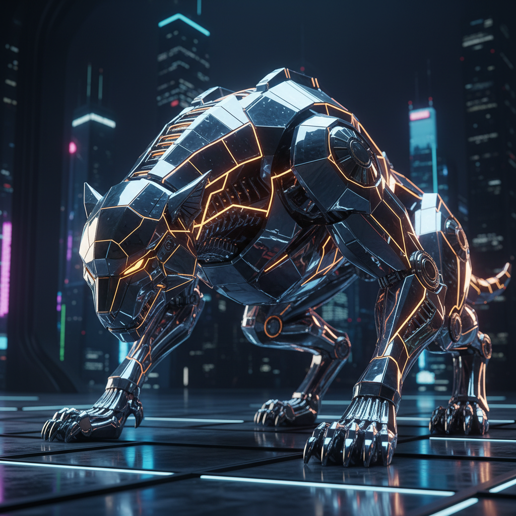 Lynxs10 AI image style sleek chromium-cybernetic predator beast with angular geometric body plates, glowing electric amber circuit lines tracing musculature, mirror-polished chrome surface reflecting neon environment, prowling crouch pose, dramatic studio rim lighting