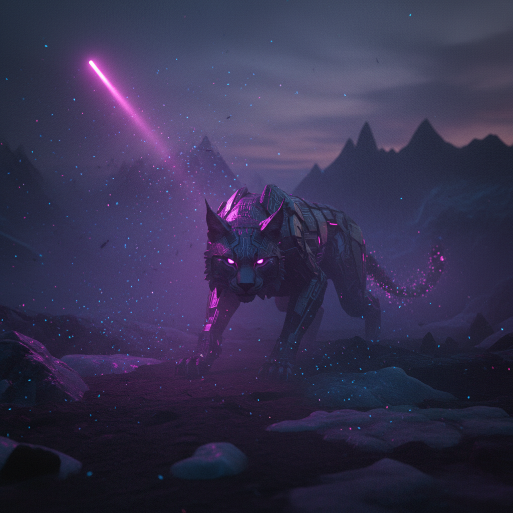 Lynxs10 AI image style moody twilight hunter scene with a stalking feline-cyber creature in deep purple-black shadow, single beam of glowing electric magenta light cutting across the frame, glowing predatory eyes locked on viewer, atmospheric fog with embedded particle effects
