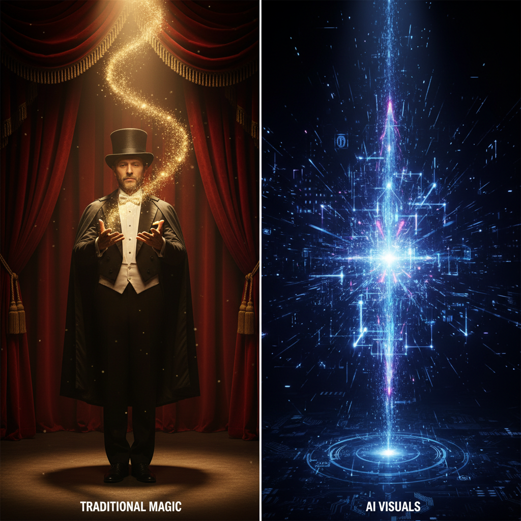 Magic vs AI-enhanced effects split-screen with a stage magician conjuring sparkles beside an AI-generated burst of holographic light particles