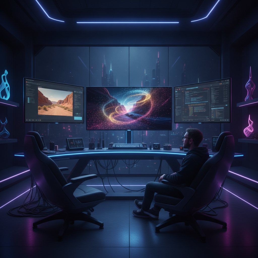 A digital artist watching AI turn a plain photo into a dazzling visual-effects scene with glowing energy trails