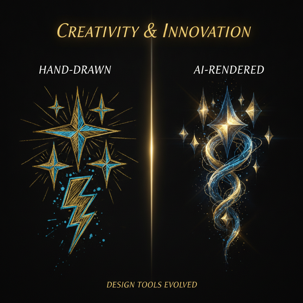 Side-by-side of a hand-drawn sparkle magic effect versus a hyper-detailed AI-rendered version of the same effect