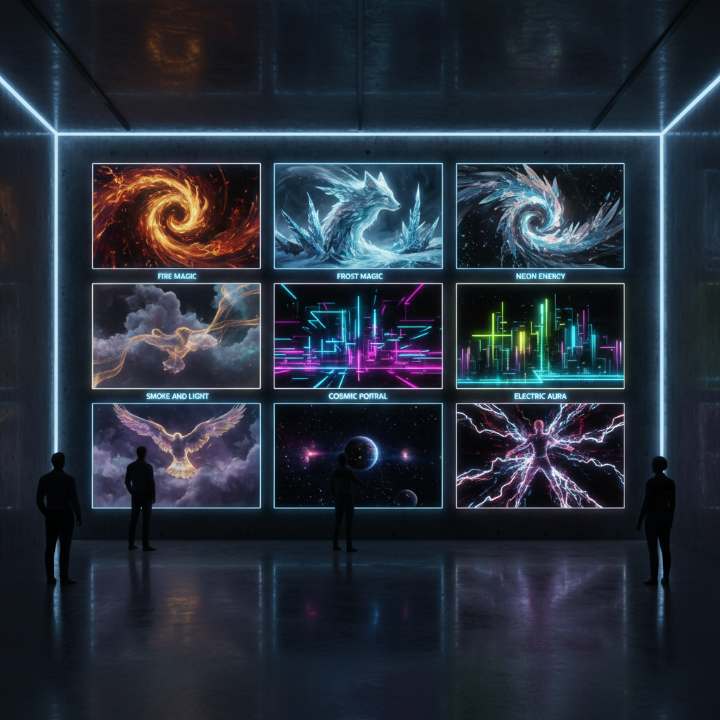 Gallery wall of six AI-enhanced visual effects — fire, frost, neon energy, smoke, cosmic portal, and electric aura