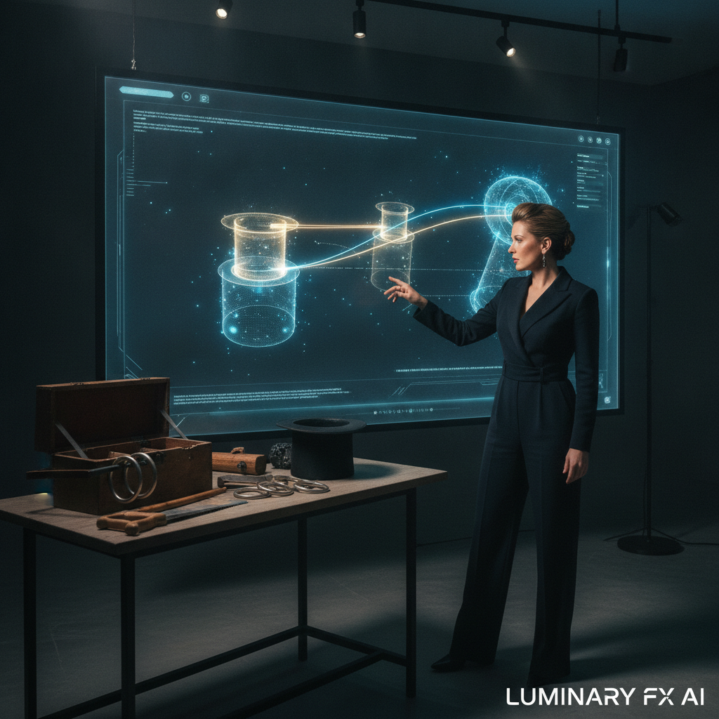 A creative director comparing traditional magic illusion props with an AI design interface showing enhanced glowing effects