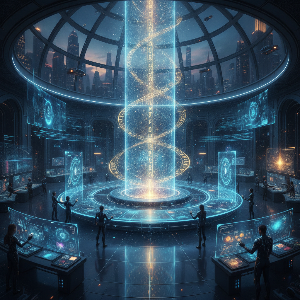 Futuristic creative hub with a holographic interface generating magical AI-enhanced effects in deep blue and gold