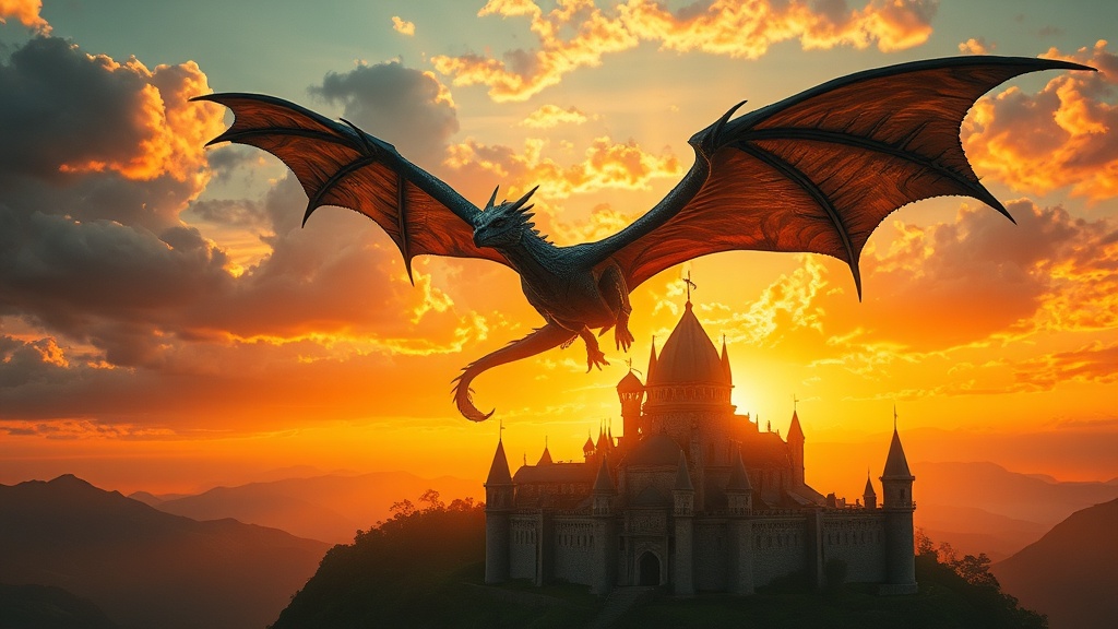 Fantasy digital art of dragon over castle at sunset