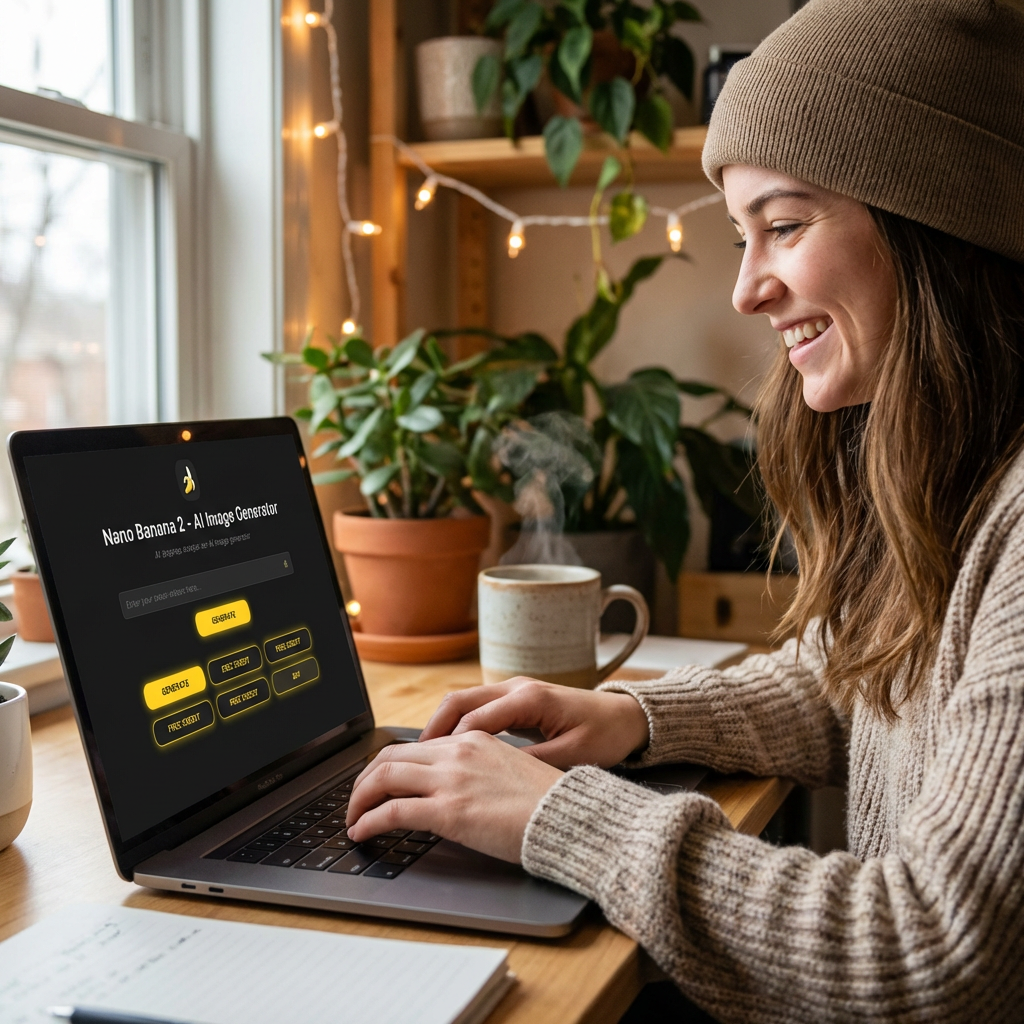 Happy creator using free Nano Banana 2 online no login on a laptop, generating AI images in seconds