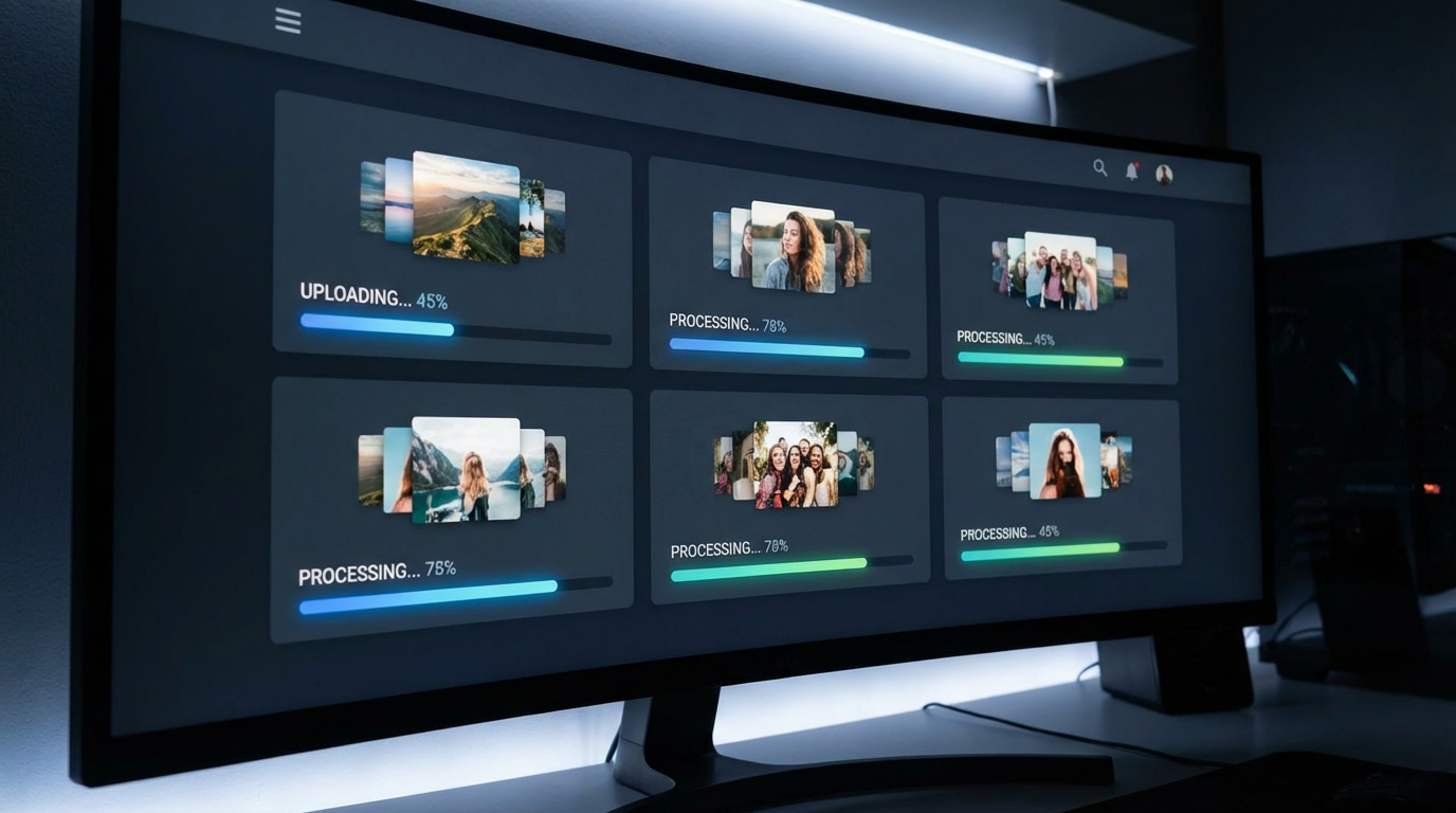 Multiple photos being animated simultaneously on a modern dashboard interface