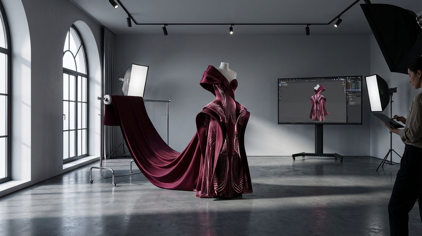 Elegant haute couture evening gown on a mannequin in a modern fashion design studio with dramatic lighting