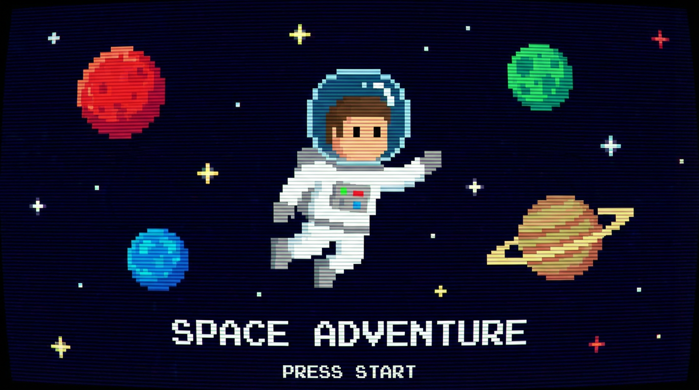 Pixel art space scene, retro 8-bit astronaut floating among stars and colorful planets, arcade game style