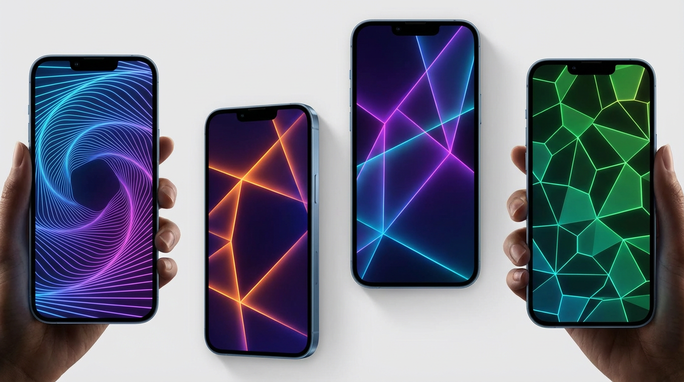 Beautiful AI-generated phone wallpaper collection showing abstract geometric patterns with neon gradients, modern minimalist design