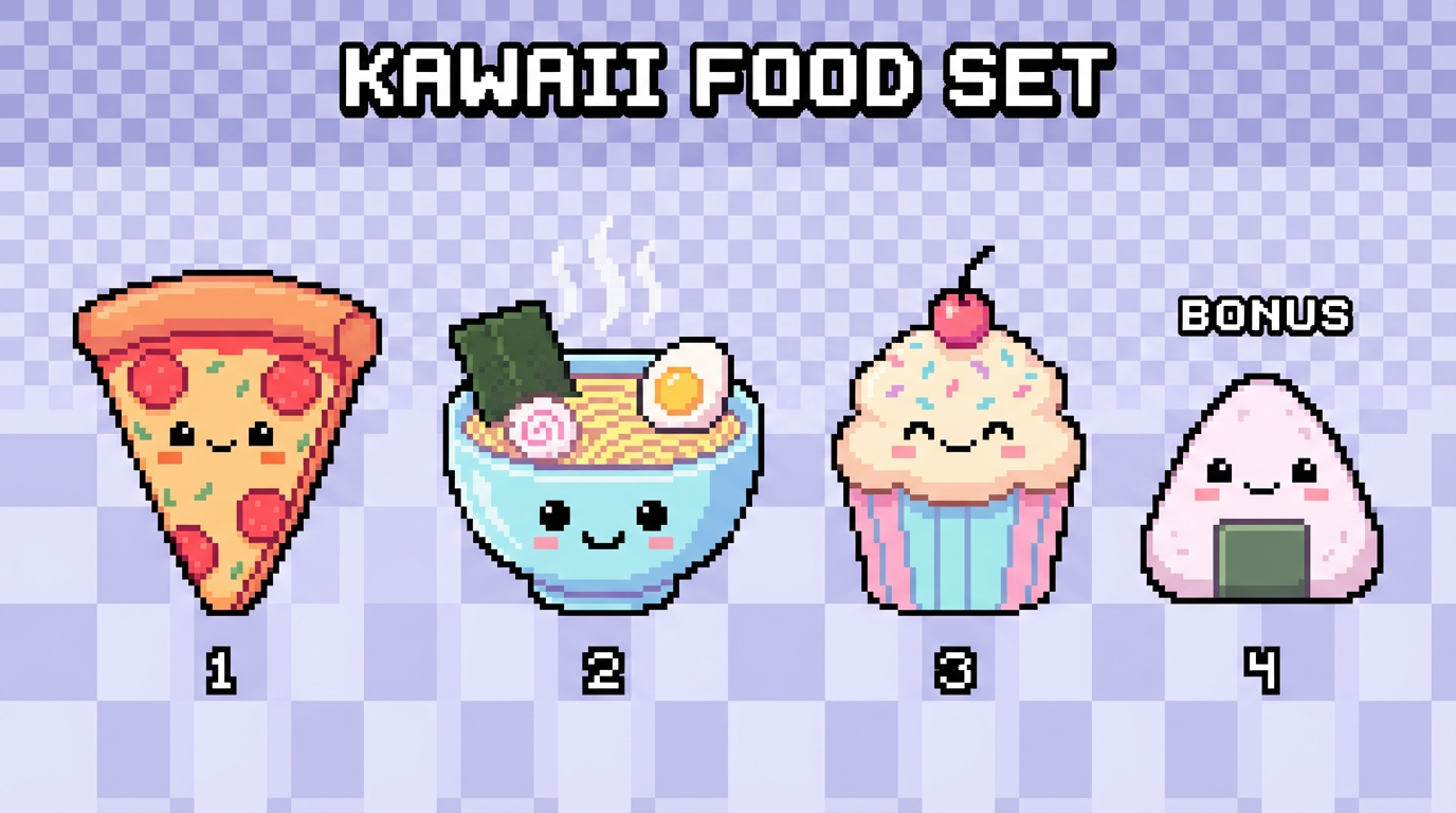 Pixel art food illustration set, cute 8-bit pizza slice, ramen bowl, and cupcake sprites, kawaii game item style