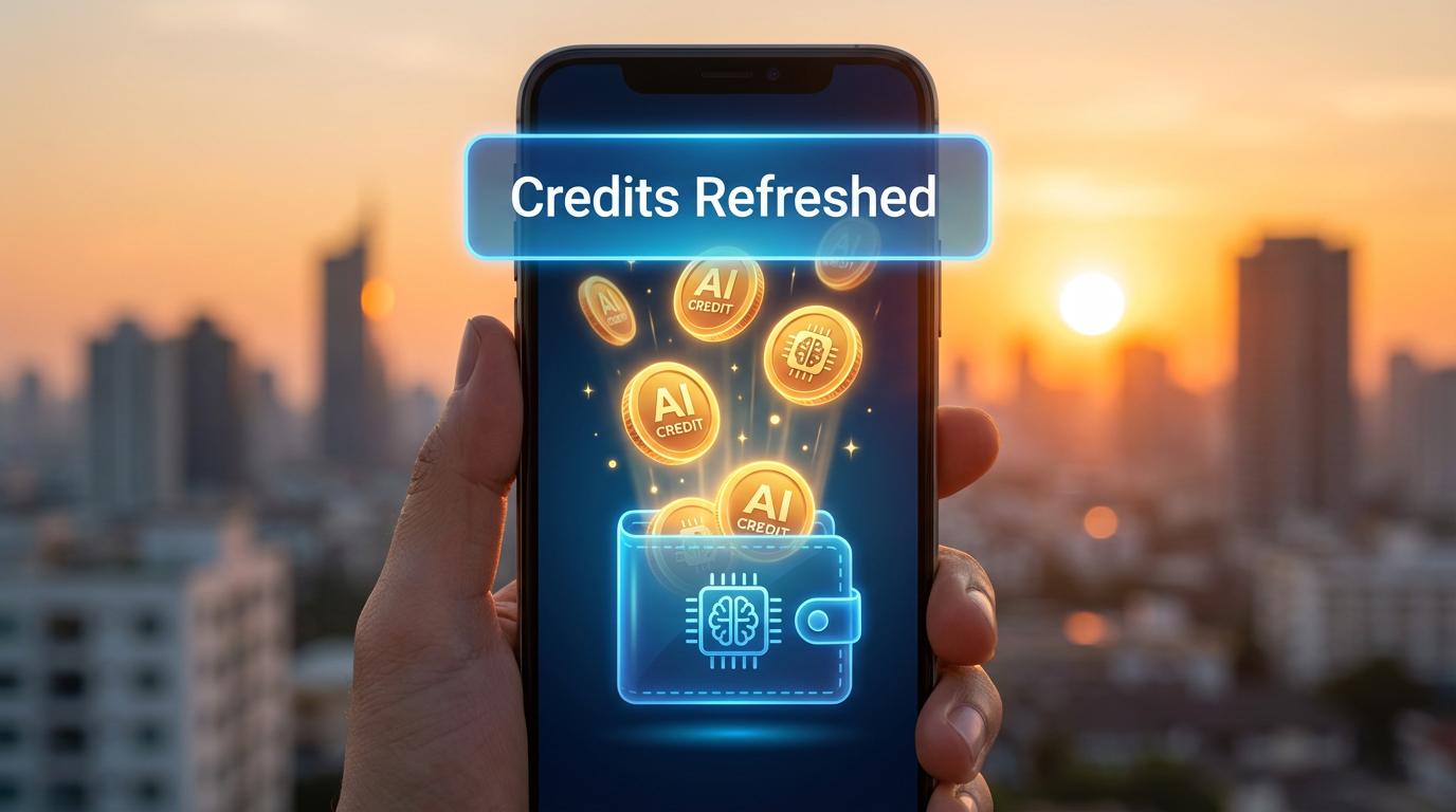 Free credits daily AI image — golden coins dropping into wallet with Credits Refreshed banner