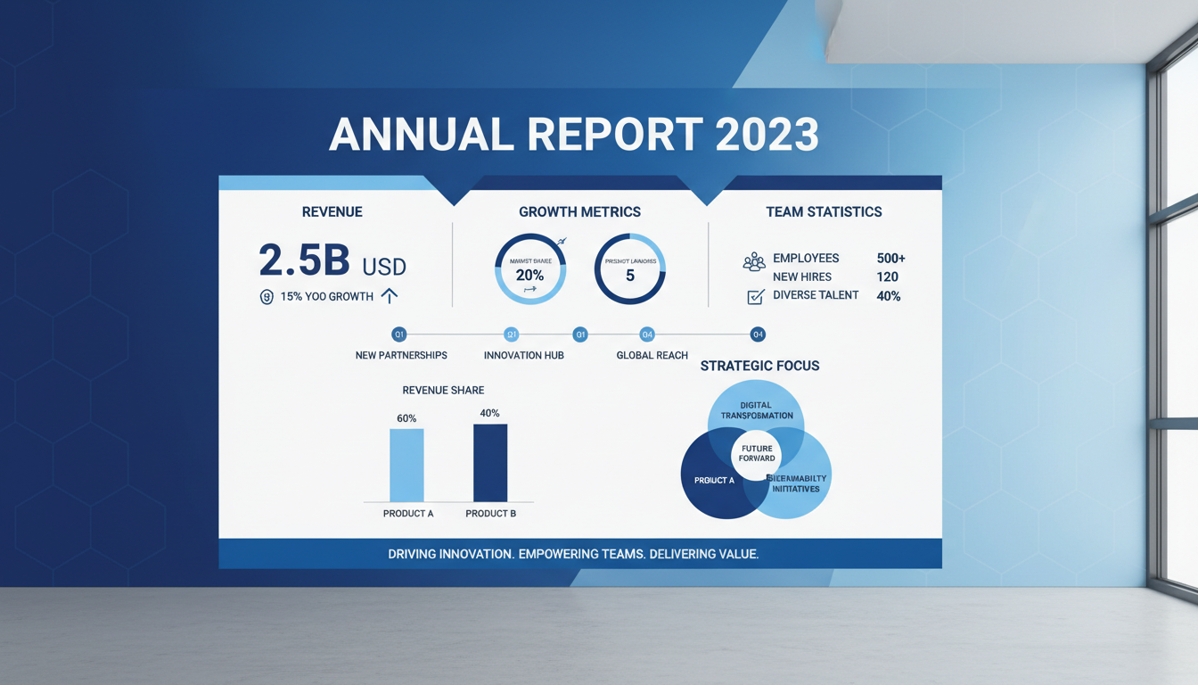 Corporate annual report infographic with revenue data and growth metrics in professional blue color scheme