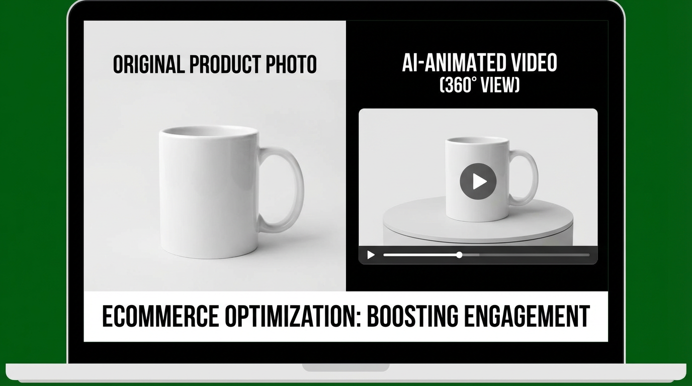 Side by side comparison of original product photo and AI-animated video with 360 degree rotation