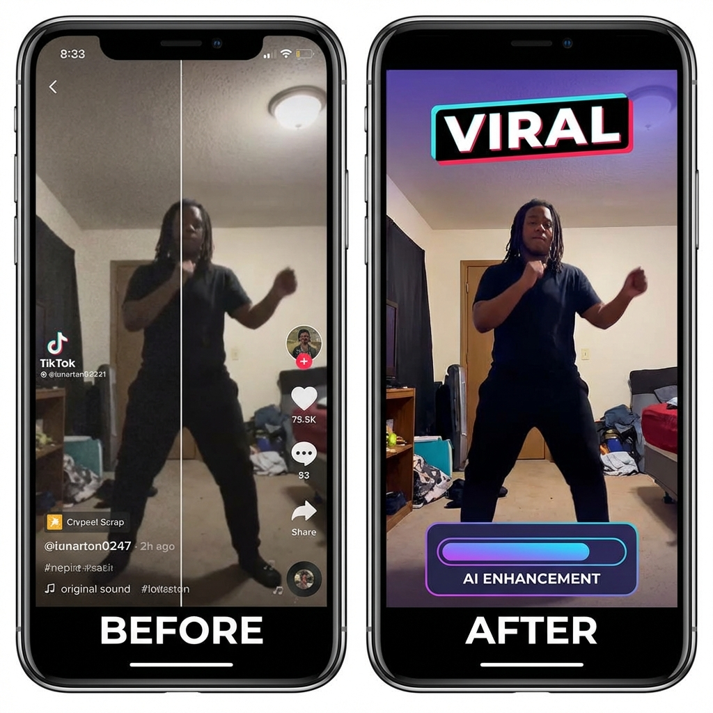 Before and after of AI video enhancement for TikTok showing amateur footage transformed into professional quality