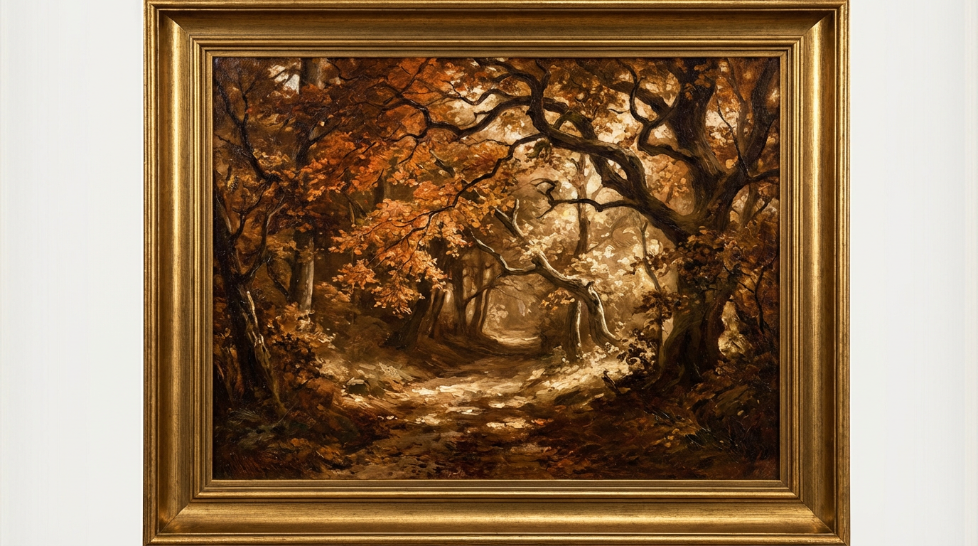 Oil painting of an enchanted autumn forest path with golden leaves, dappled sunlight filtering through trees, visible brushstroke texture