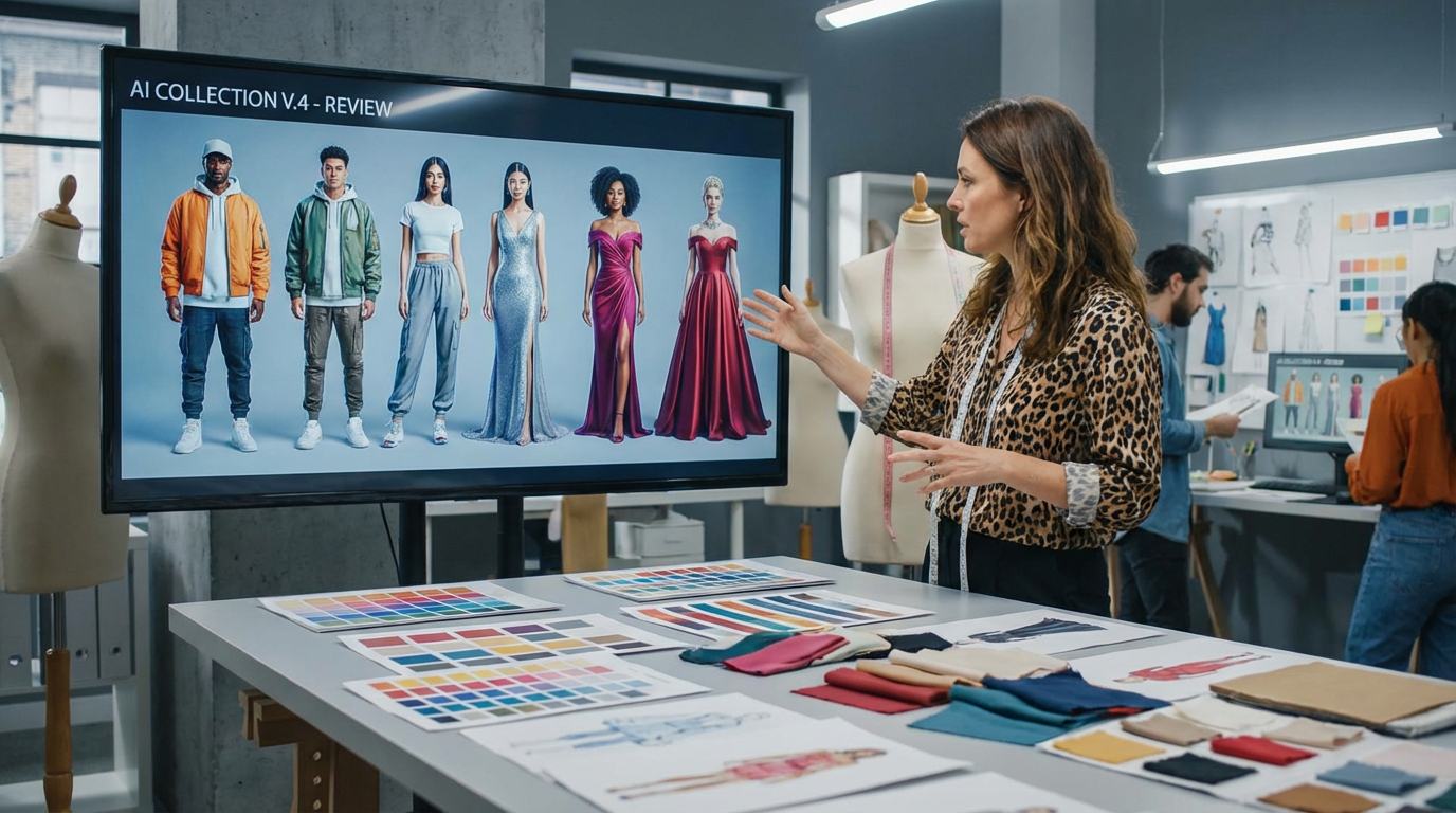 Fashion designer reviewing AI-generated outfit collection on monitor with color palettes and fabric swatches