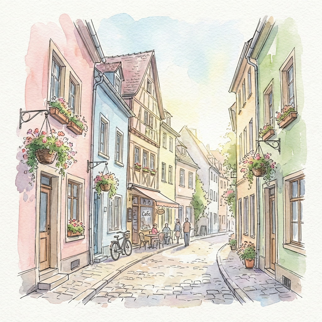 Watercolor illustration of a charming European village street with colorful buildings and cobblestone path in pastel tones