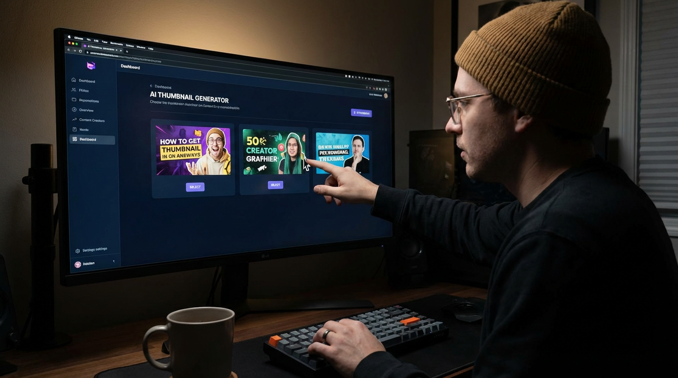 Content creator selecting from multiple AI-generated thumbnail variations on a modern dashboard interface
