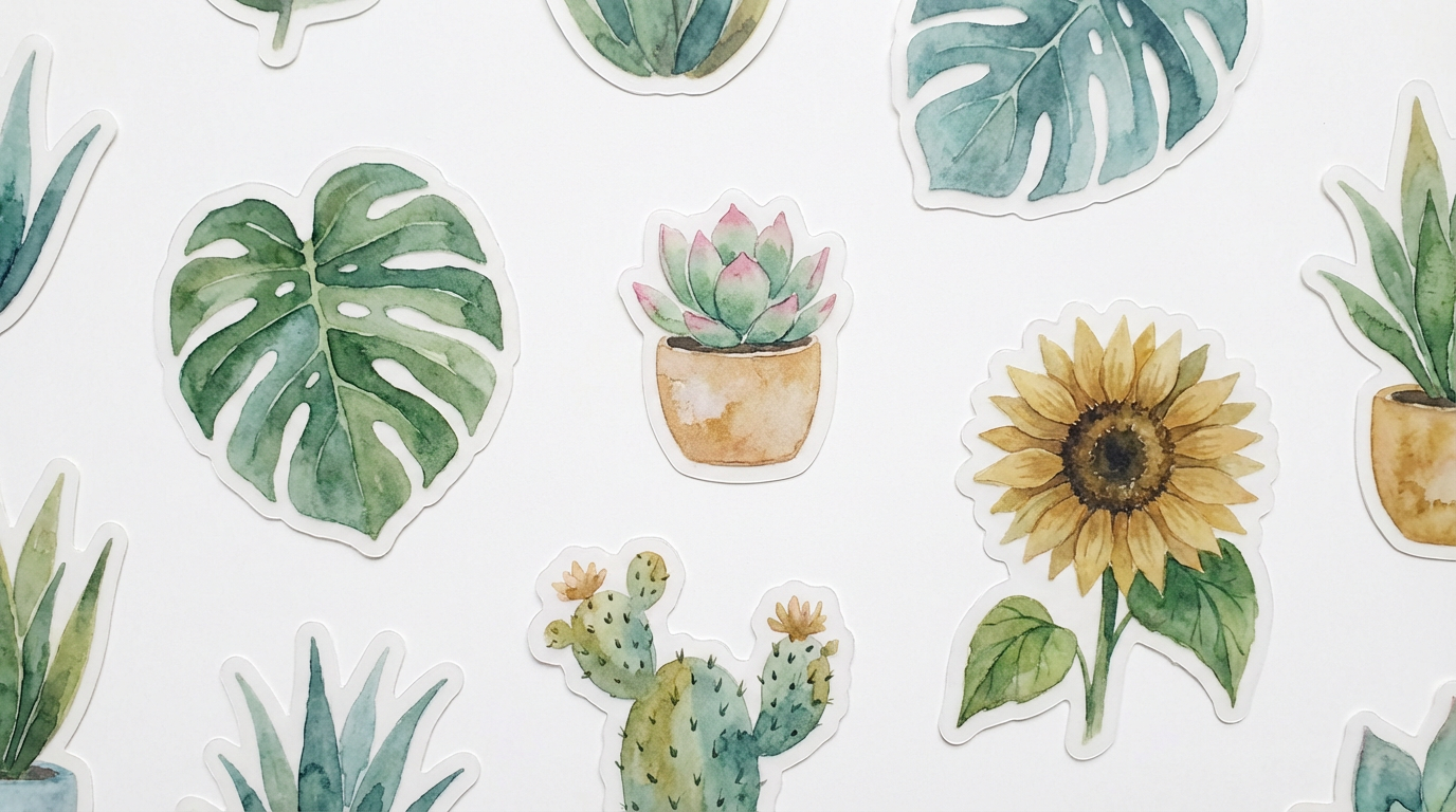 Botanical plant sticker collection with watercolor monstera leaf, succulent, cactus, and sunflower designs