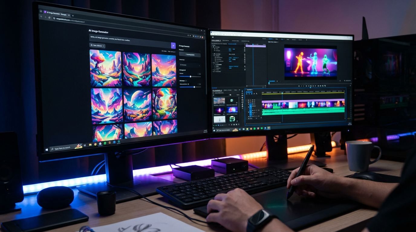 Creative AI multimedia workspace showing image and video generation tools with vibrant outputs