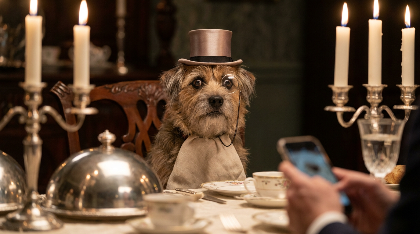 A dog wearing a tiny top hat and monocle sitting at a fancy dinner table, elegant candlelight, absurdly funny meme-worthy reaction face