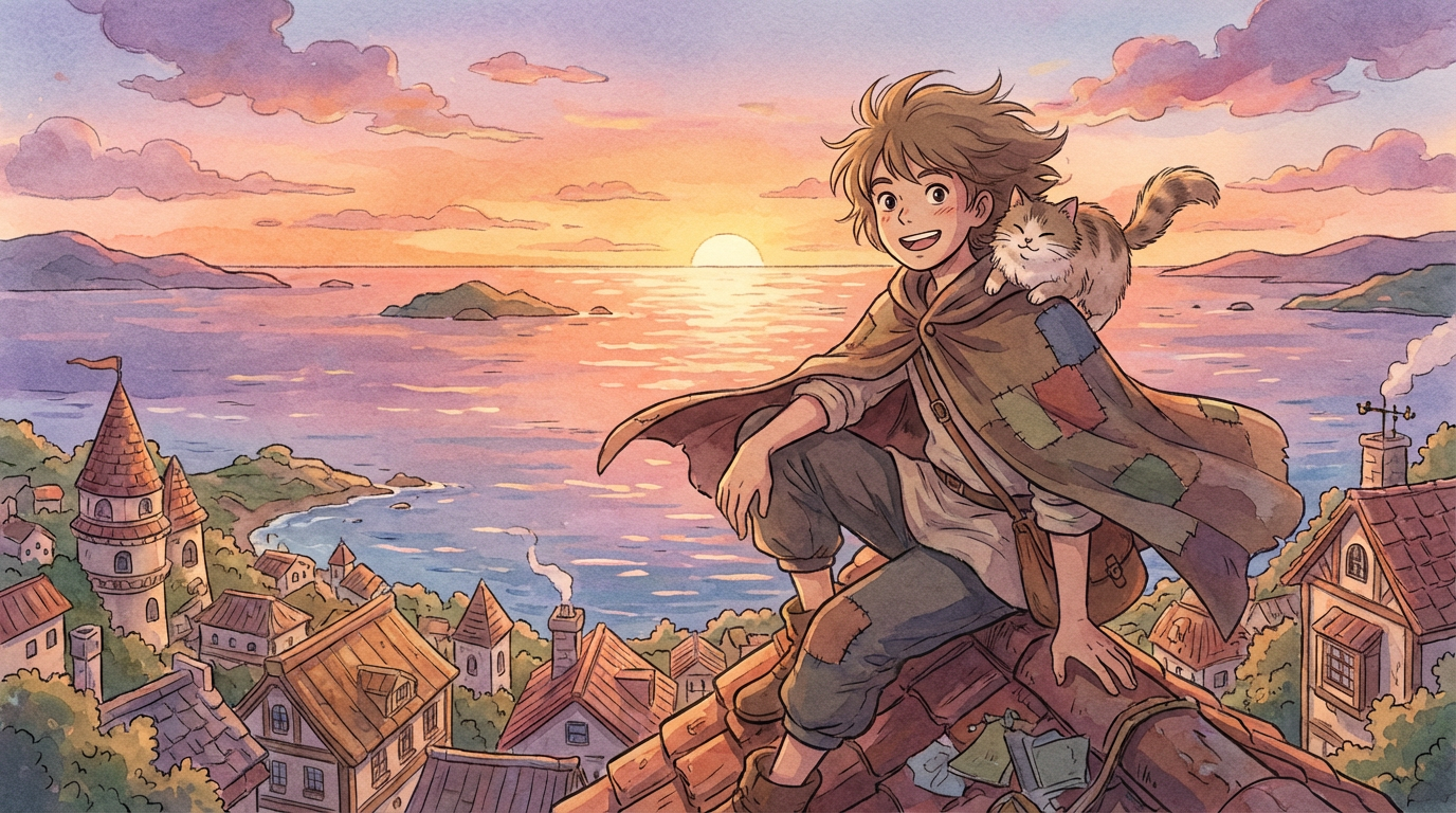 Studio Ghibli anime portrait of a young adventurer with a friendly cat companion on a rooftop overlooking a vast ocean at sunset