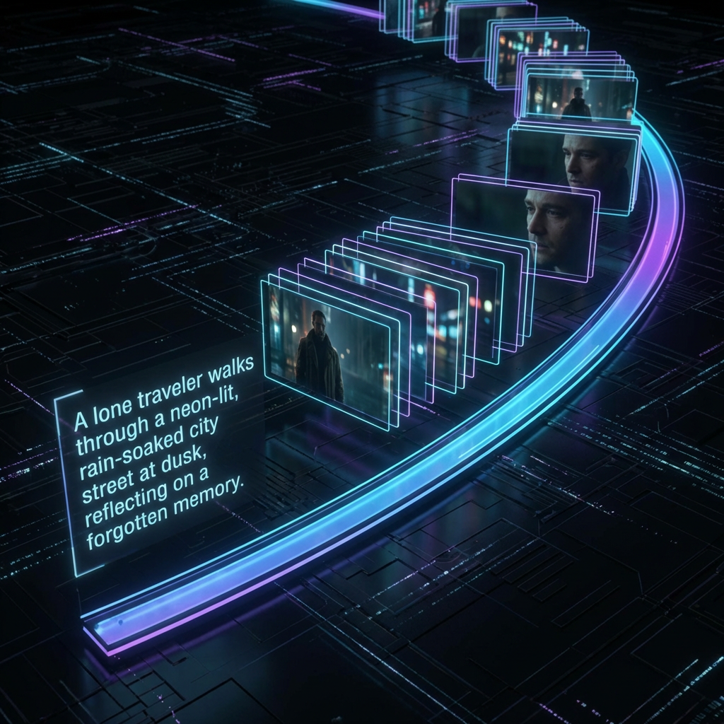 Multiple video frames being generated from text with glowing timeline creative visualization