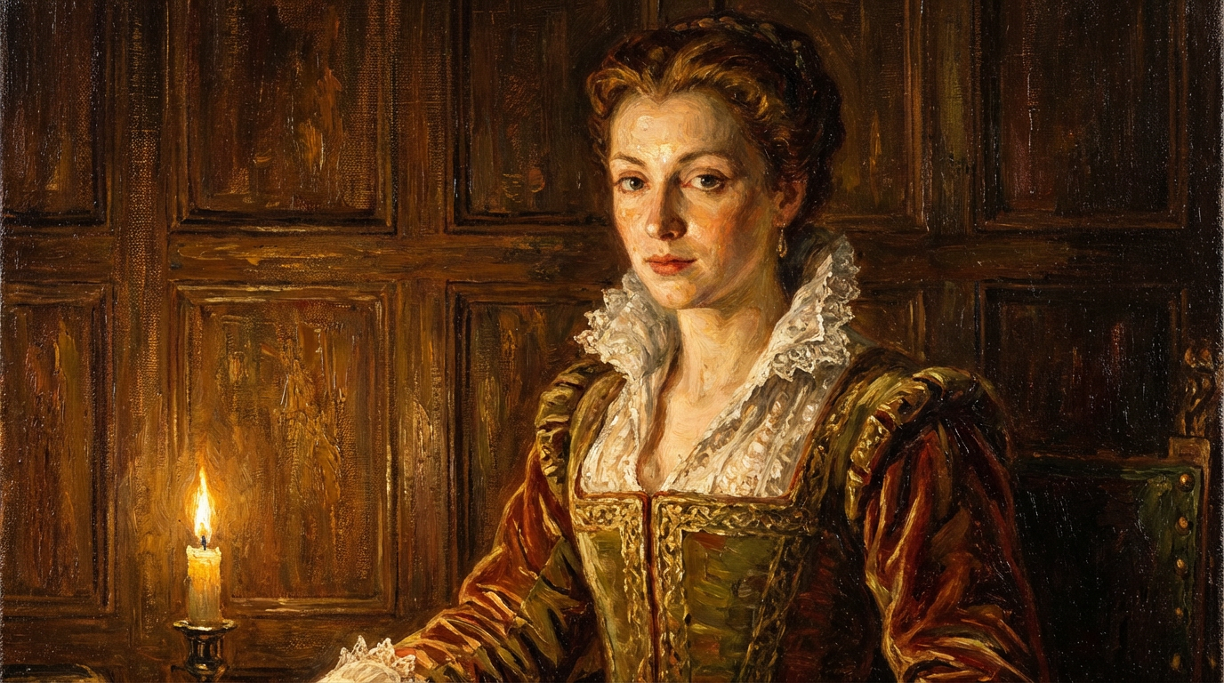 Oil painting portrait of an elegant woman in Renaissance style, dramatic chiaroscuro lighting, visible canvas texture and layered brushwork, warm earth tones