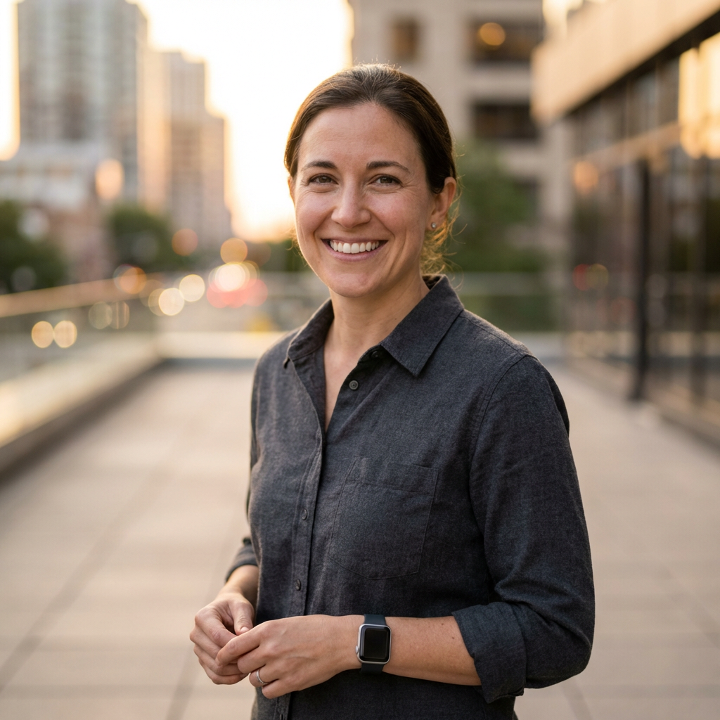 Outdoor LinkedIn headshot AI of a tech professional, golden hour bokeh, smart casual button-up, free professional ai headshot