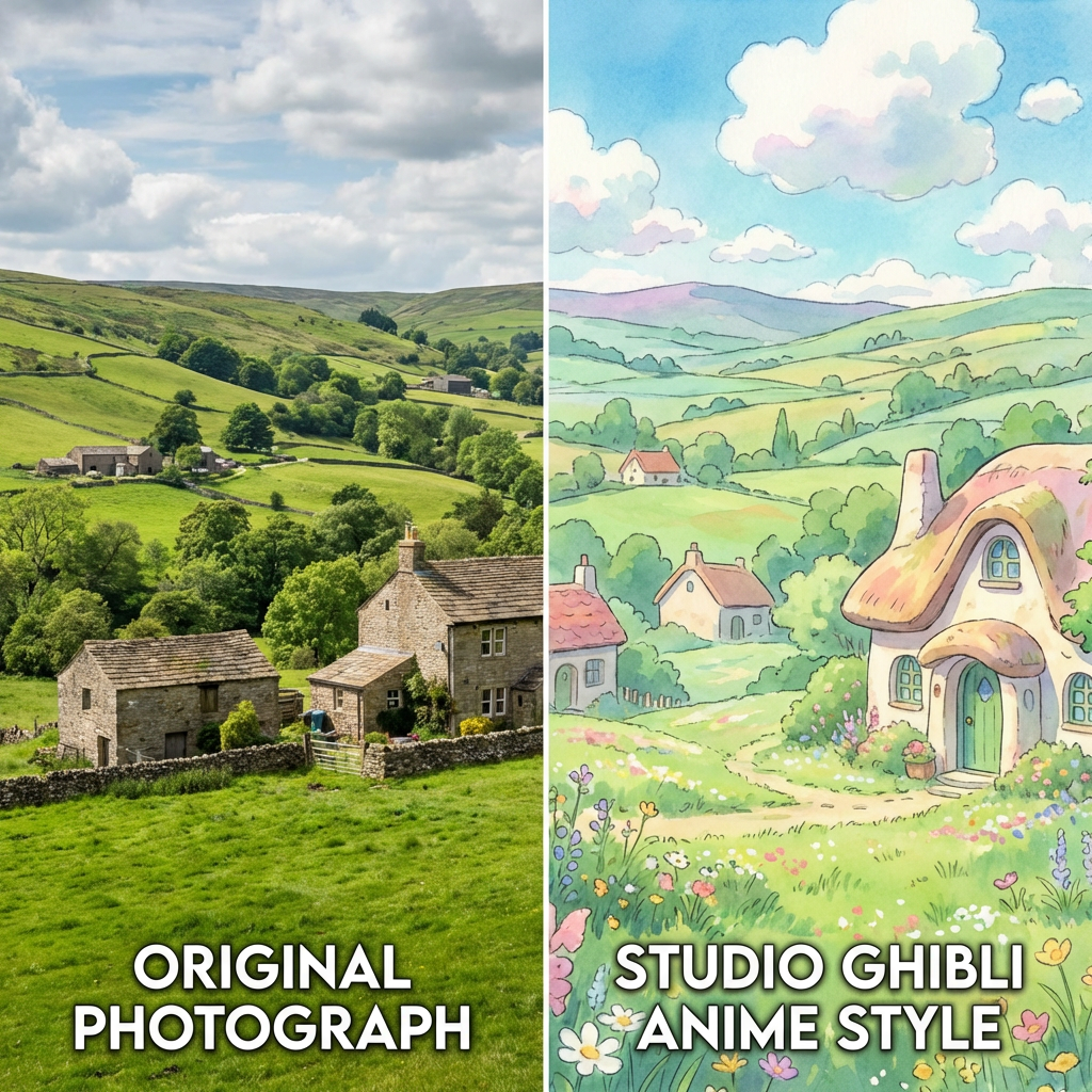 AI style transfer transforming a photograph into Studio Ghibli anime art style with vibrant pastel colors