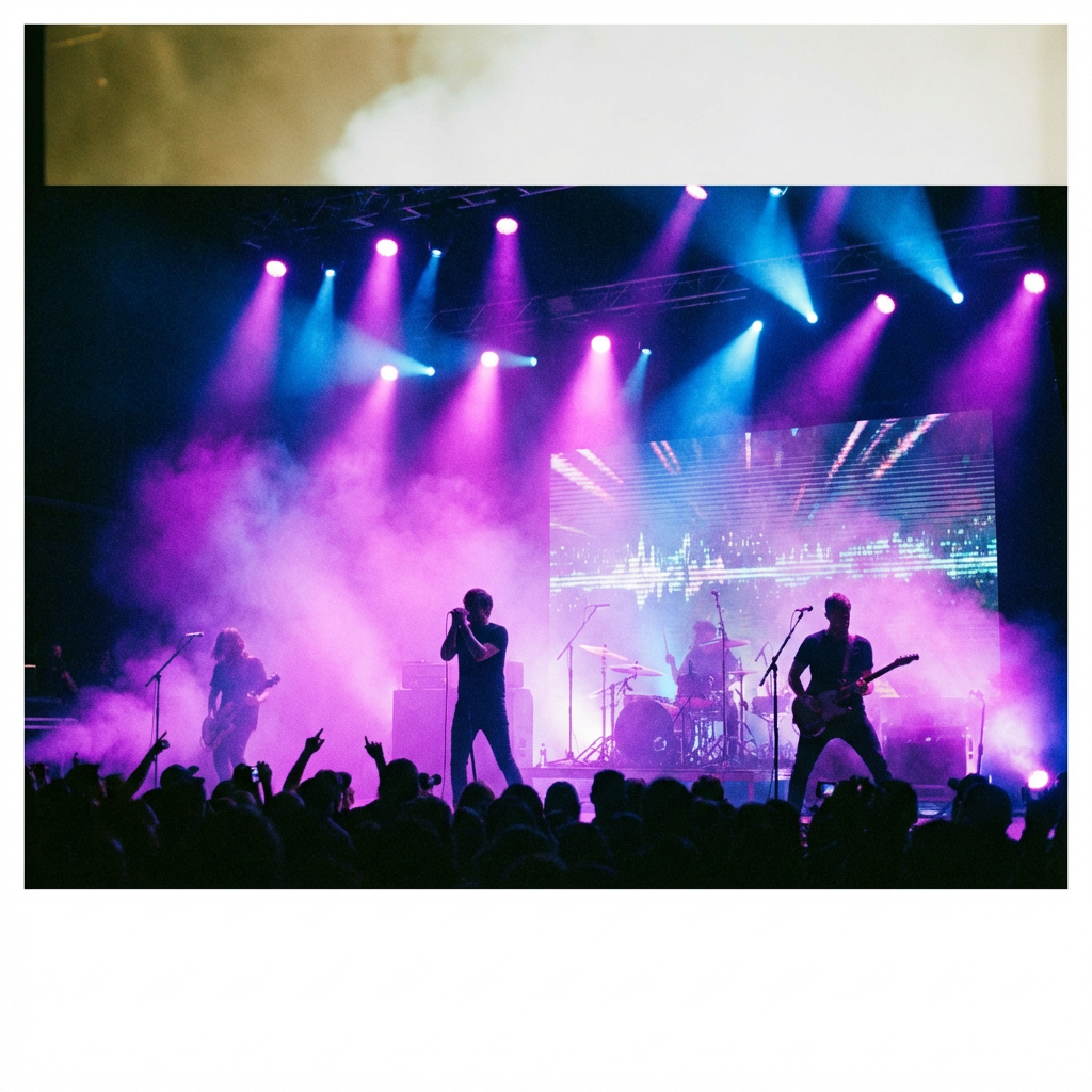AI music video scene with a rock band performing on stage, dramatic purple and blue concert lighting with volumetric fog