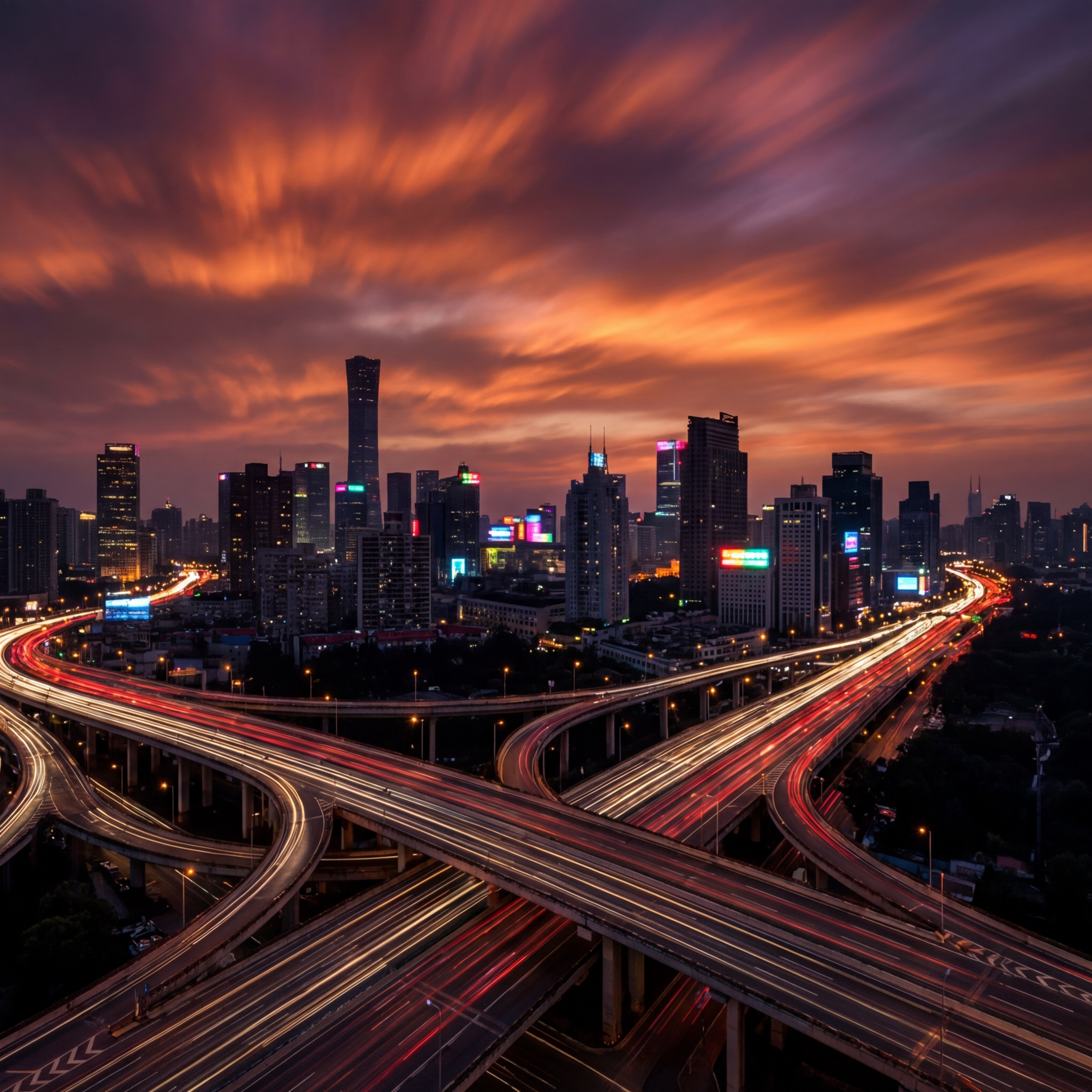 Dramatic cityscape sunset animated with moving traffic and rolling clouds, AI photo to video conversion