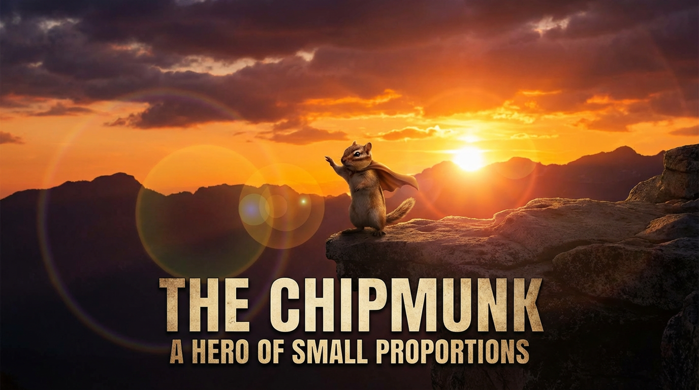 A dramatic chipmunk standing heroically on a cliff edge at sunset, epic movie poster composition with hilarious exaggerated heroic pose