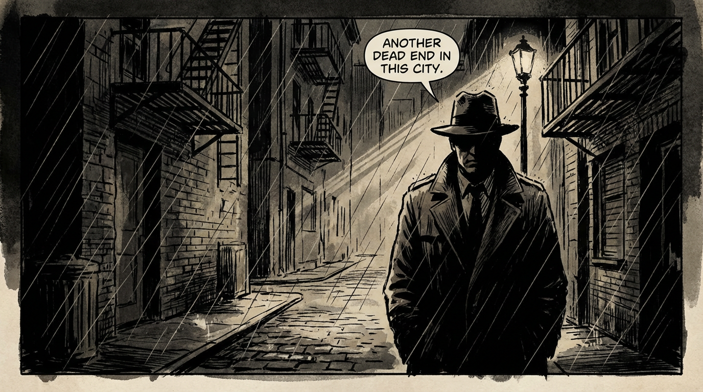 Graphic novel style illustration of a noir detective in a rain-soaked alley, heavy shadows and chiaroscuro lighting, ink wash effects, cinematic framing