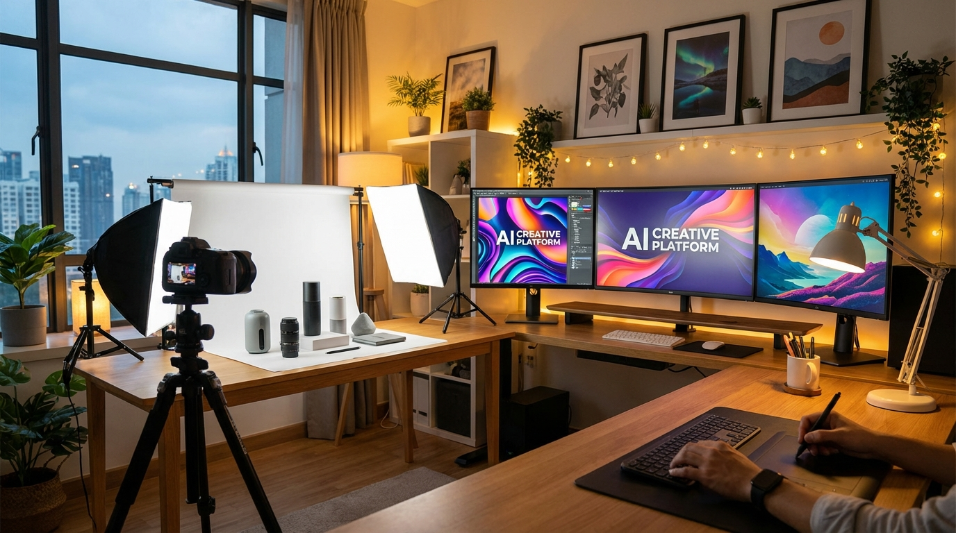 AI-powered creative studio workspace with multiple monitors